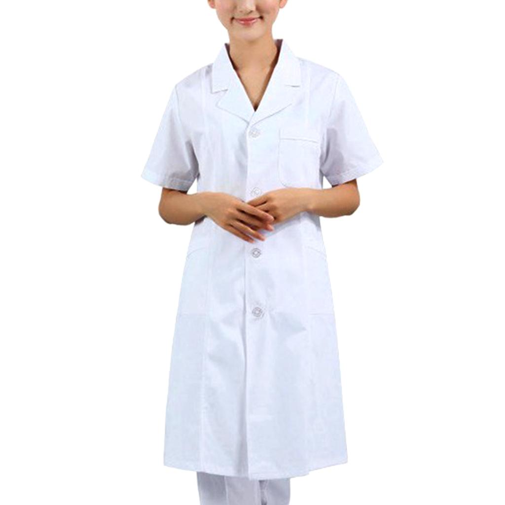 Women Short Sleeve White Scrubs Lab Coat Doctor Nurse Uniform